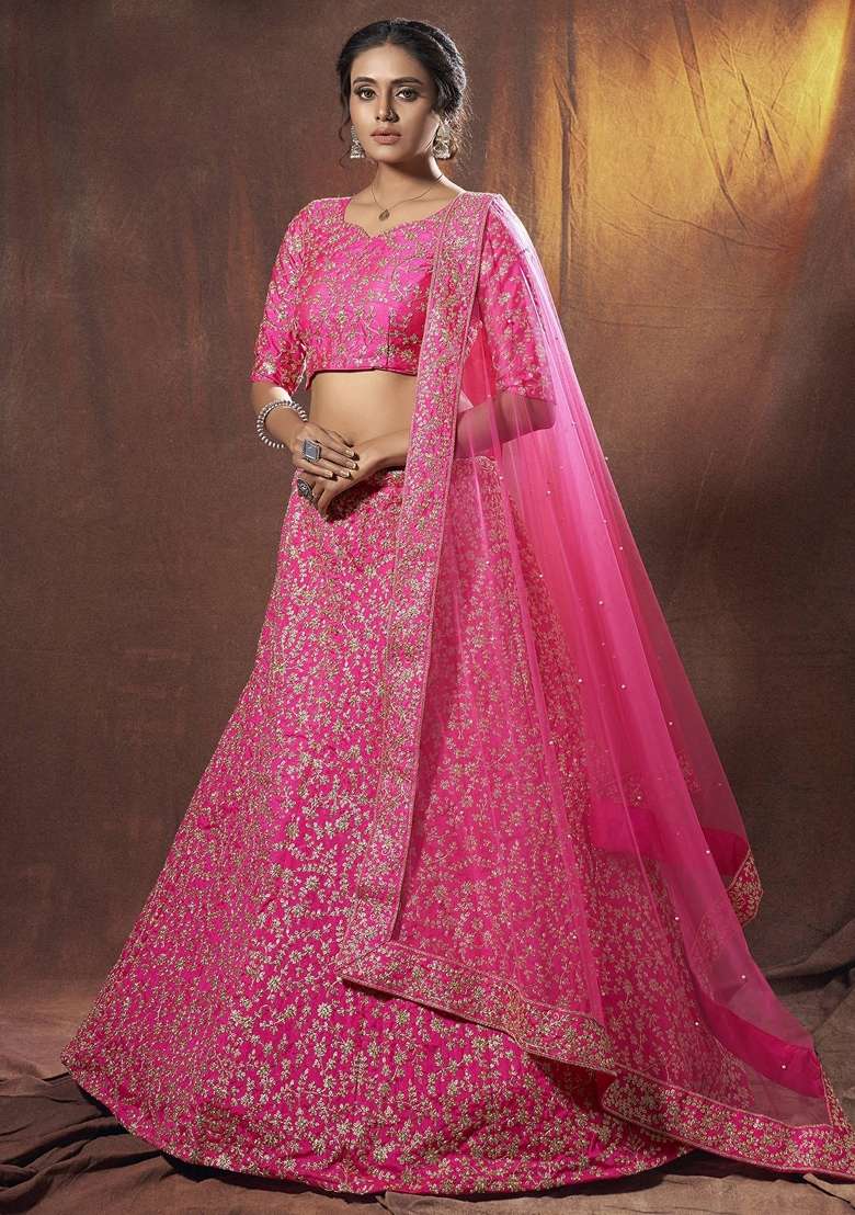 Pink Embroidery Silk Lehenga Set - Indya