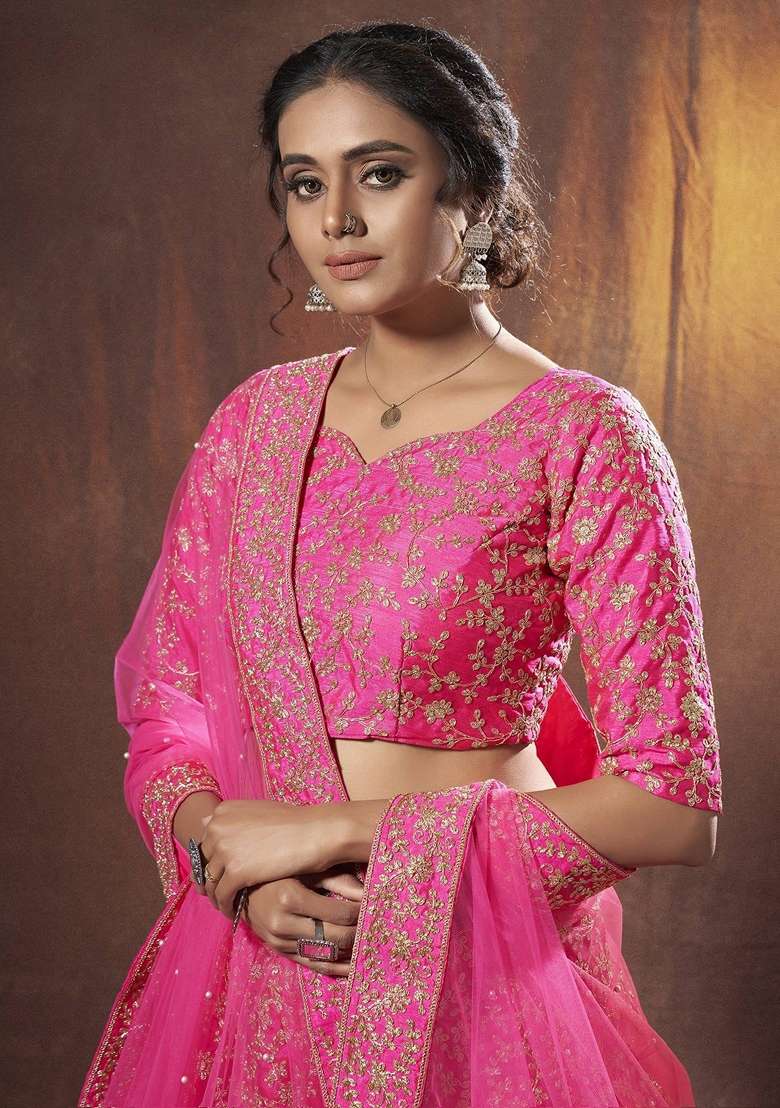 Pink Embroidery Silk Lehenga Set - Indya