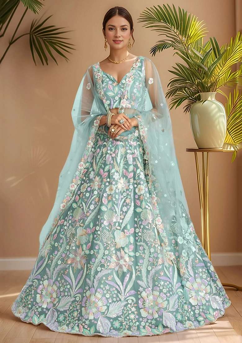 Sky Blue Embroidery Net Lehenga Set for Diwali and Festive Wear - Indya