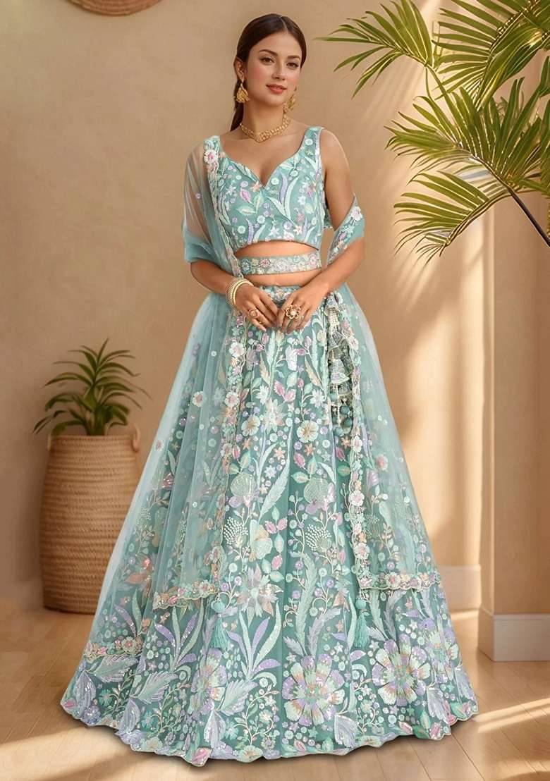 Sky Blue Embroidery Net Lehenga Set for Diwali and Festive Wear - Indya