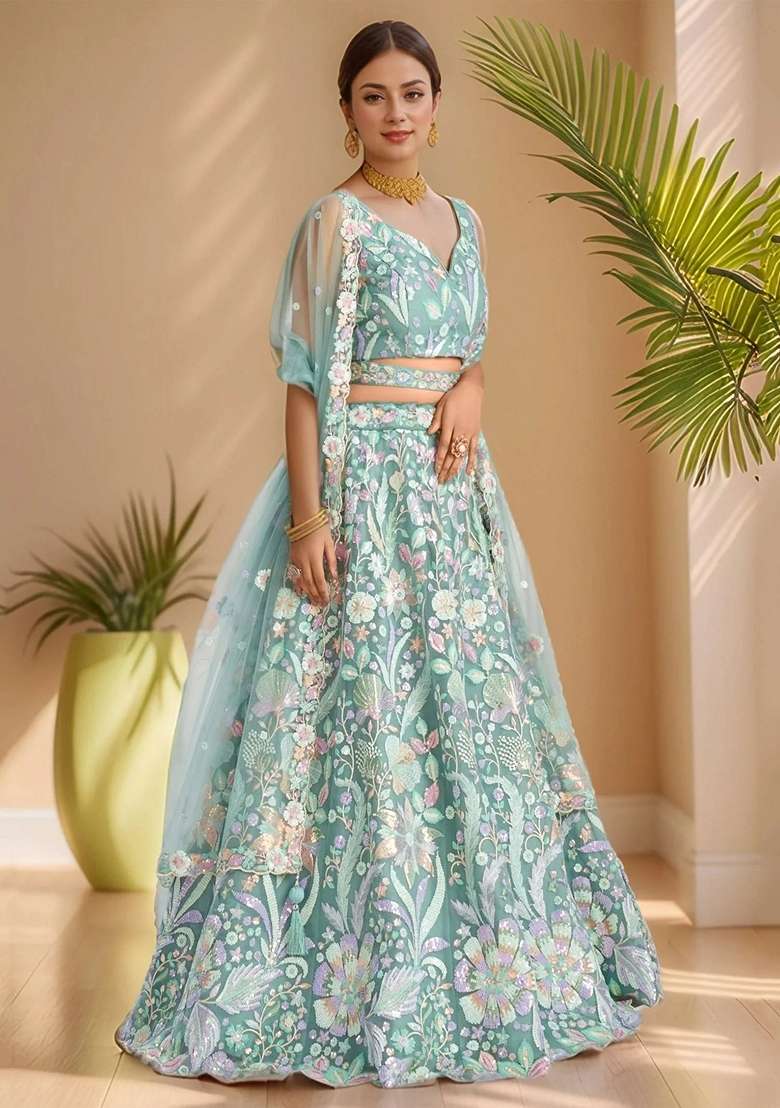 Sky Blue Embroidery Net Lehenga Set for Diwali and Festive Wear - Indya