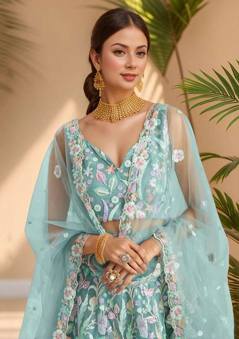 Sky Blue Embroidery Net Lehenga Set for Diwali and Festive Wear - Indya