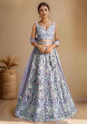 Purple Embroidery Net Lehenga Set