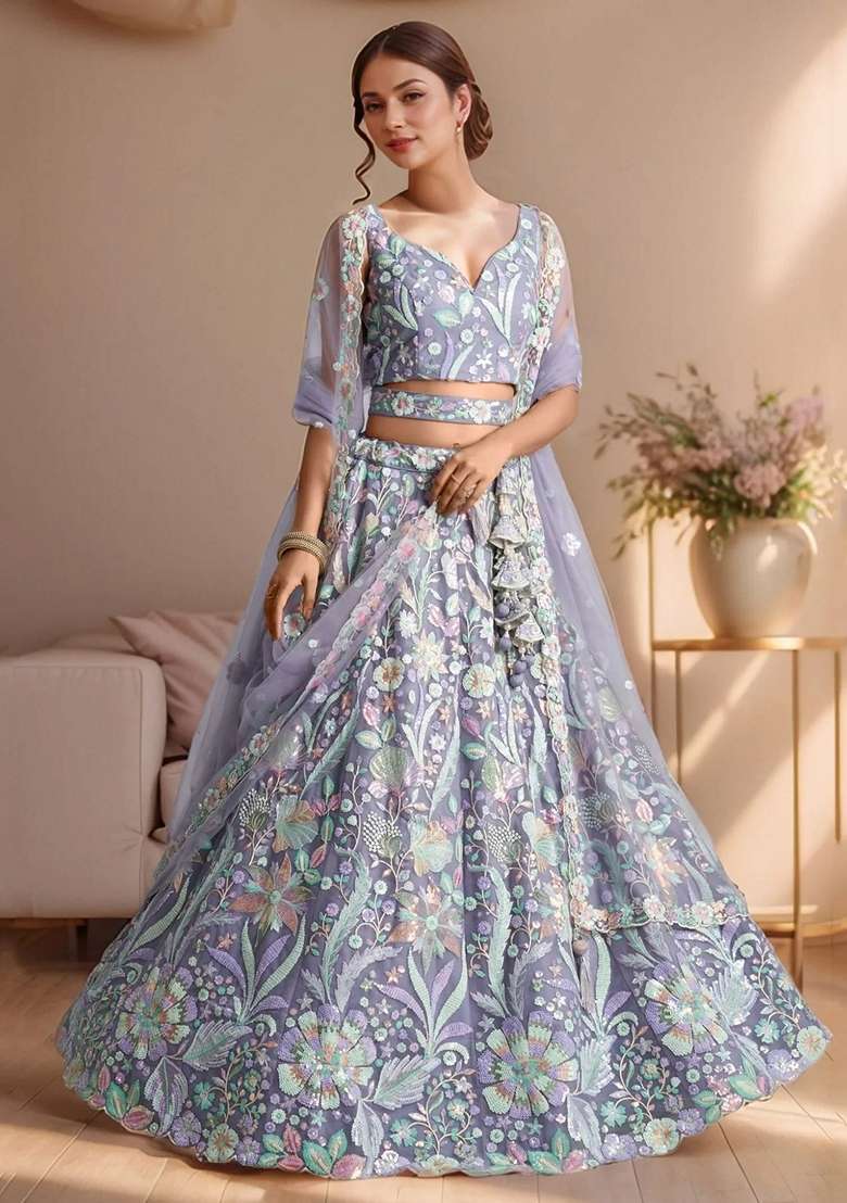 Purple Embroidery Net Lehenga Set for Diwali and Festive Wear - Indya