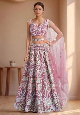 Pink Embroidery Net Lehenga Set