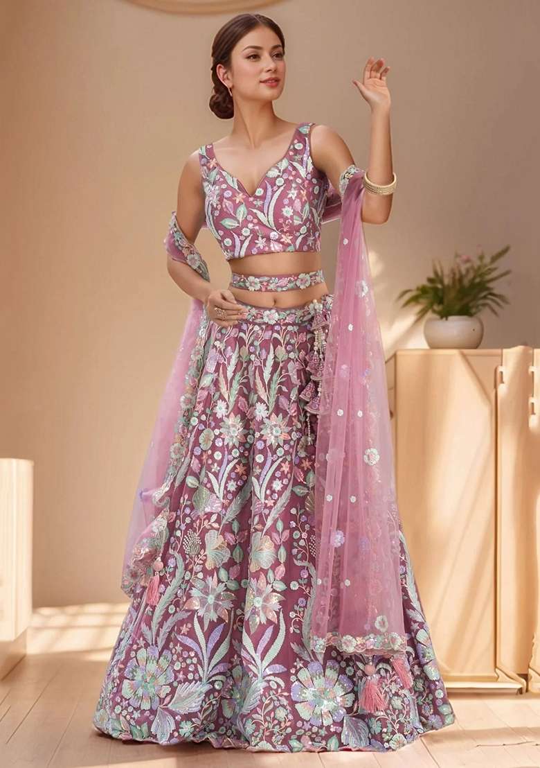 Pink Embroidery Net Lehenga Set for Diwali and Festive Wear - Indya