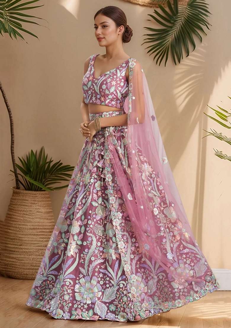 Pink Embroidery Net Lehenga Set for Diwali and Festive Wear - Indya