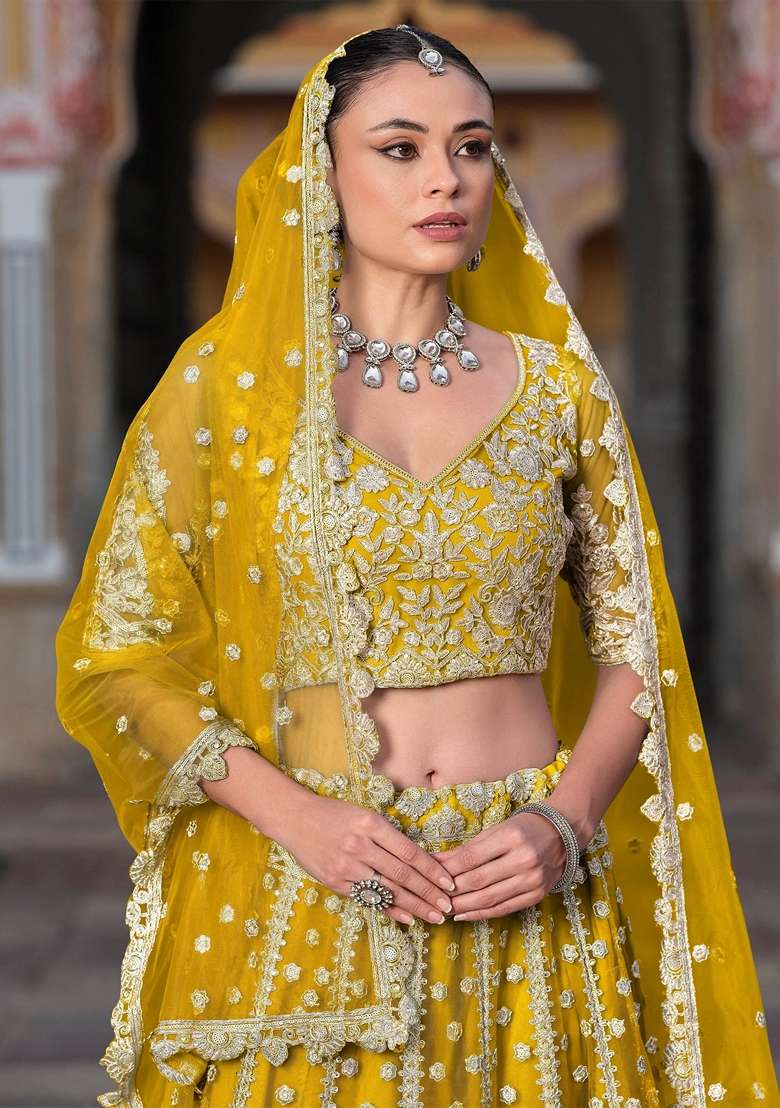 Yellow Net Lehenga Set with Embroidery for Diwali | Wedding & Festive Wear - Indya