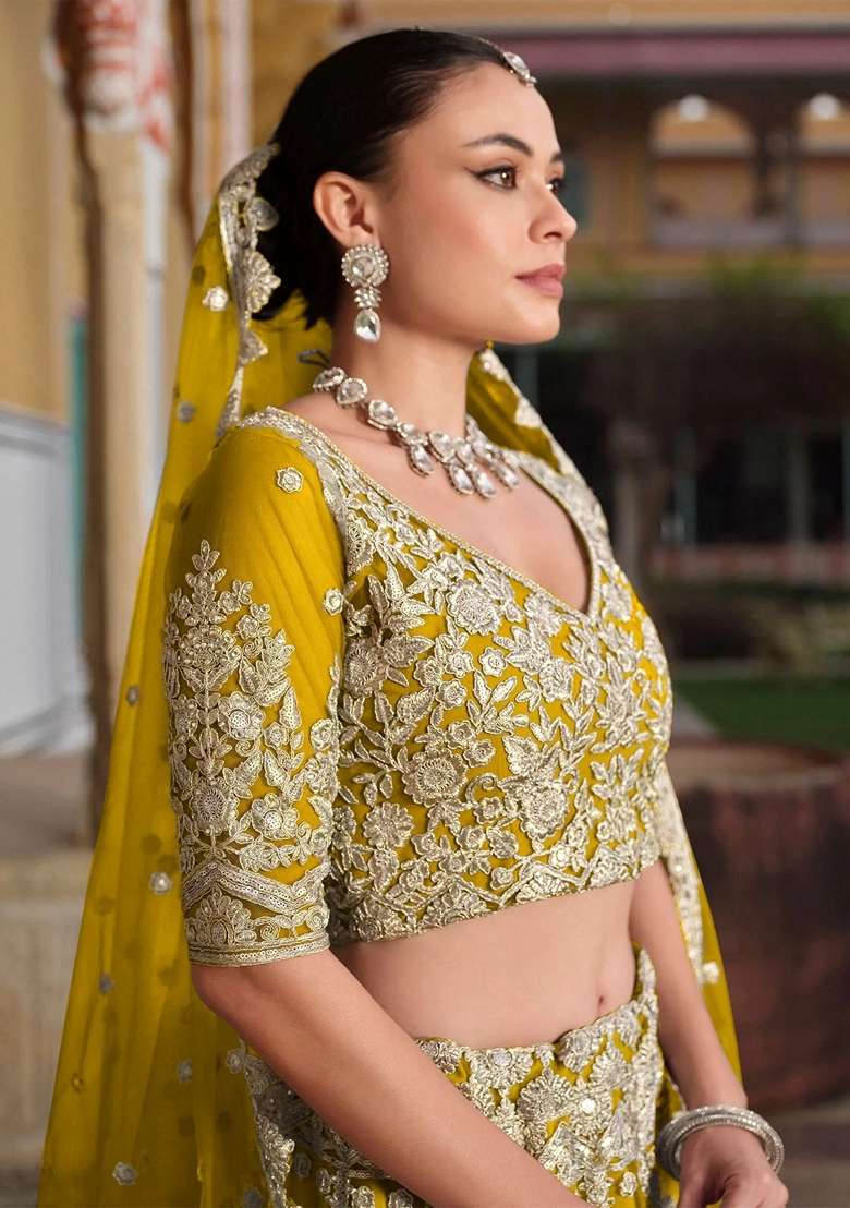 Yellow Net Lehenga Set with Embroidery for Diwali | Wedding & Festive Wear - Indya
