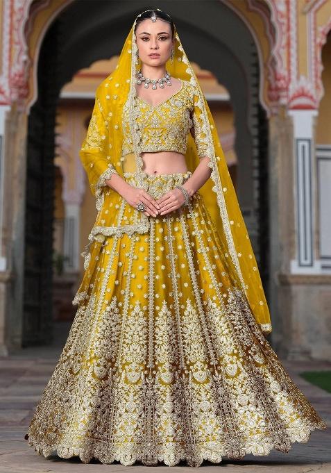Yellow Embroidery Net Lehenga Set — view on Indya