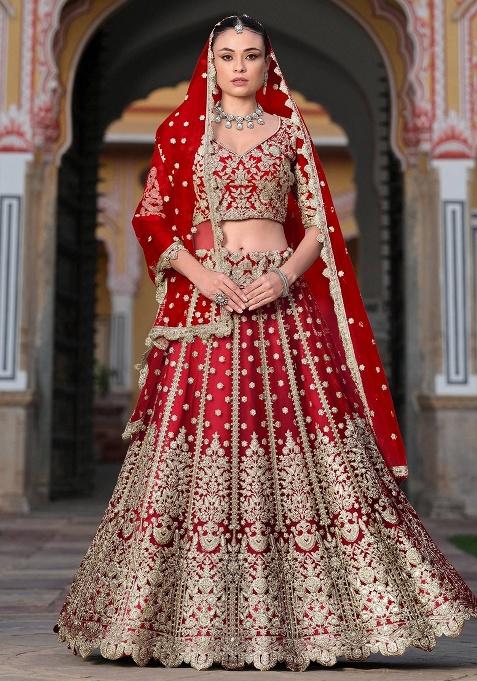 Red Embroidery Net Lehenga Set — view on Indya