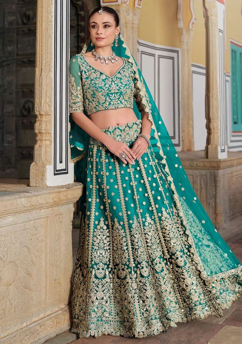 Green Embroidery Net Lehenga Set for Diwali and Festive Wear - Indya