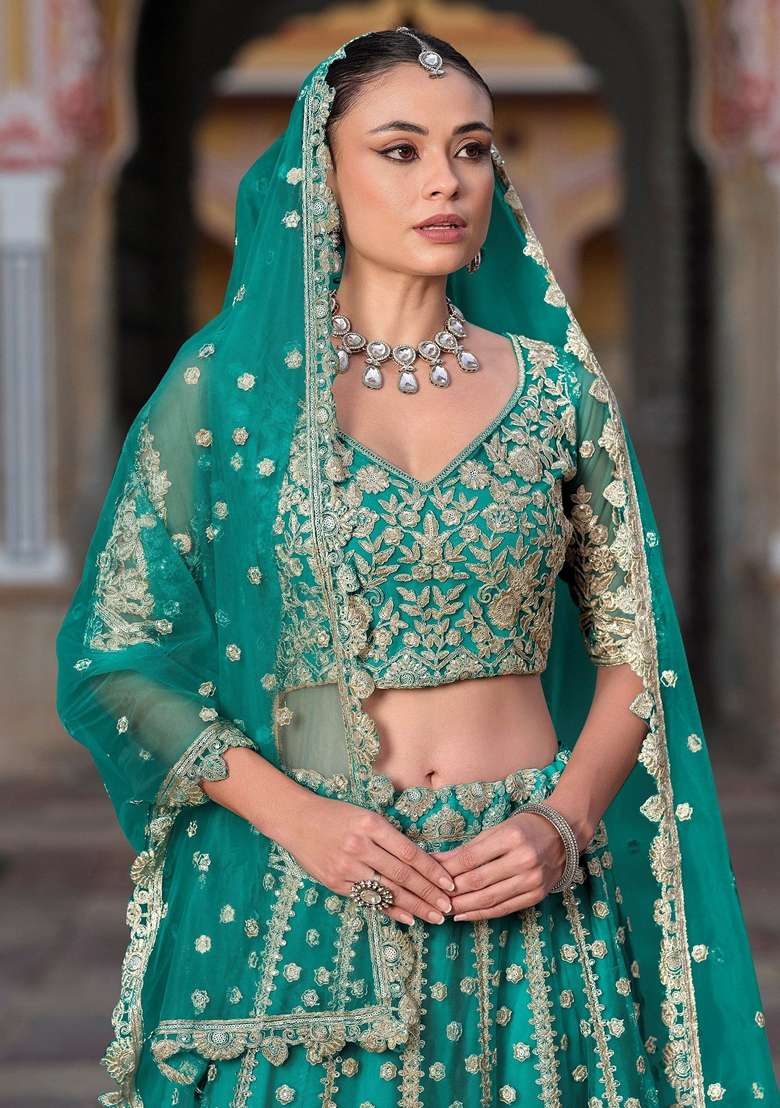 Green Embroidery Net Lehenga Set for Diwali and Festive Wear - Indya