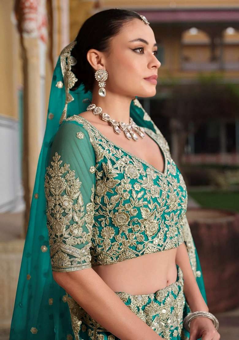 Green Embroidery Net Lehenga Set for Diwali and Festive Wear - Indya