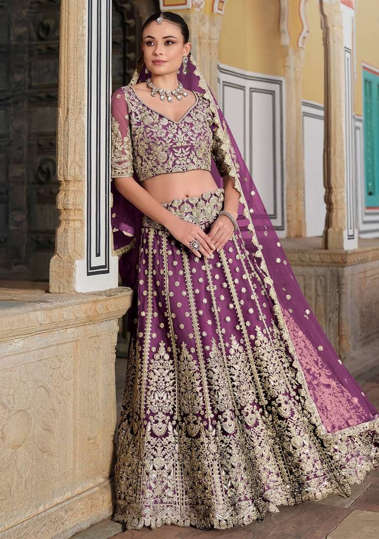 Purple Net Lehenga Set with Embroidery for Diwali | Wedding & Festive Wear - Indya