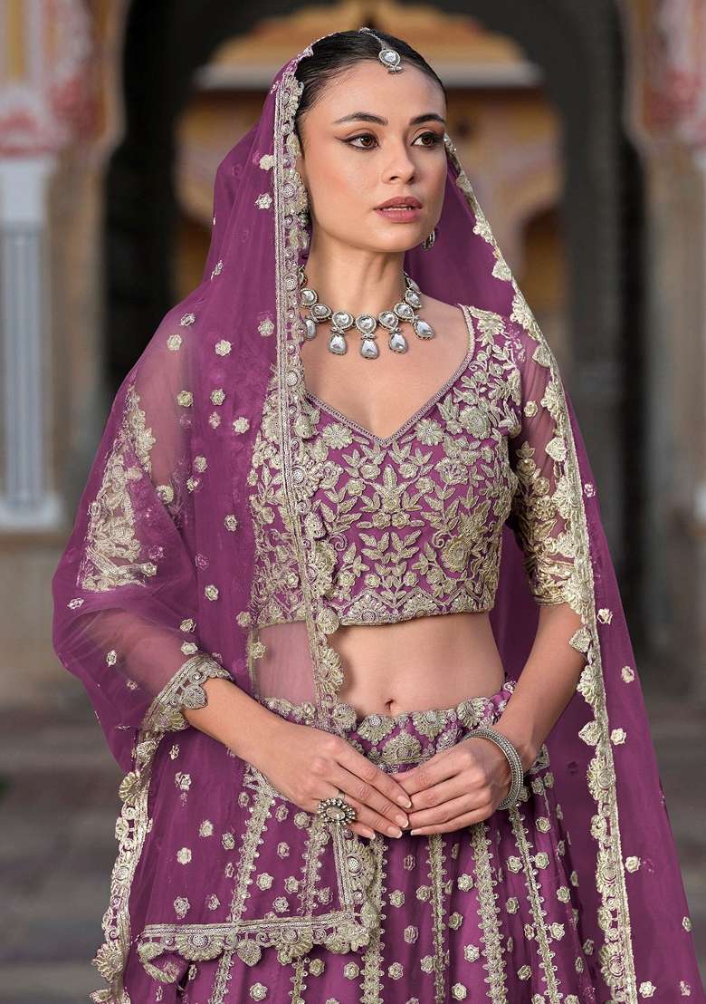 Purple Net Lehenga Set with Embroidery for Diwali | Wedding & Festive Wear - Indya
