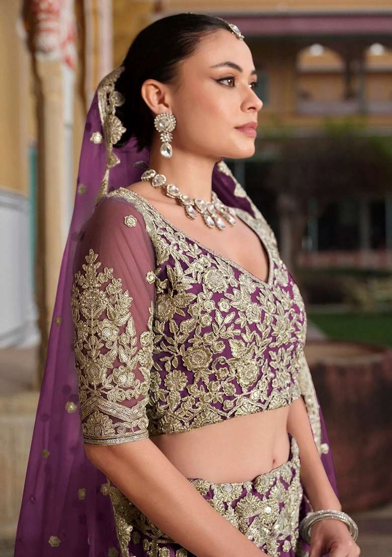 Purple Net Lehenga Set with Embroidery for Diwali | Wedding & Festive Wear - Indya