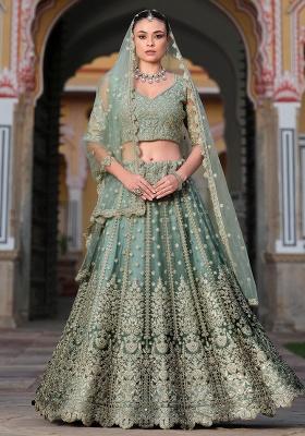 Green Embroidery Net Lehenga Set