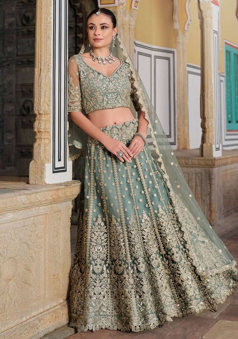 Green Embroidery Net Lehenga Set for Diwali and Festive Wear - Indya