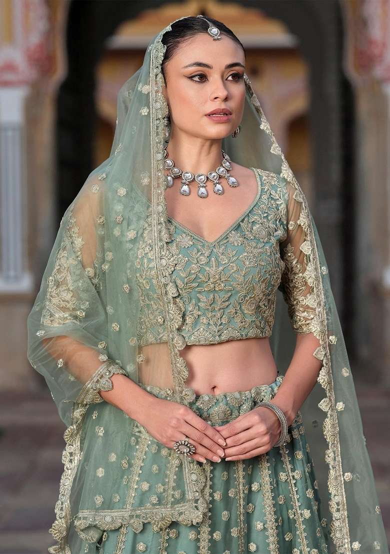 Green Embroidery Net Lehenga Set for Diwali and Festive Wear - Indya