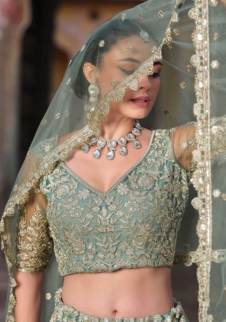 Green Embroidery Net Lehenga Set for Diwali and Festive Wear - Indya