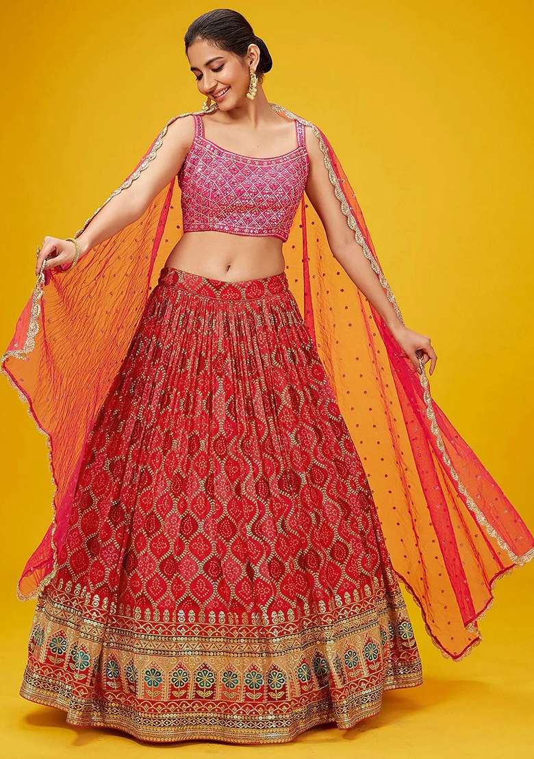 Pink Georgette Lehenga Set with Embroidery for Diwali | Wedding & Festive Wear - Indya