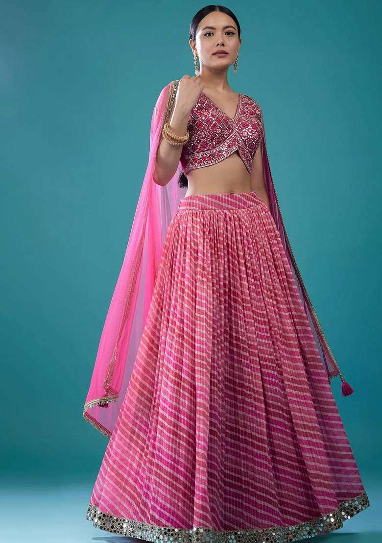 Pink Embroidery Organza Lehenga Set for Diwali and Festive Wear - Indya