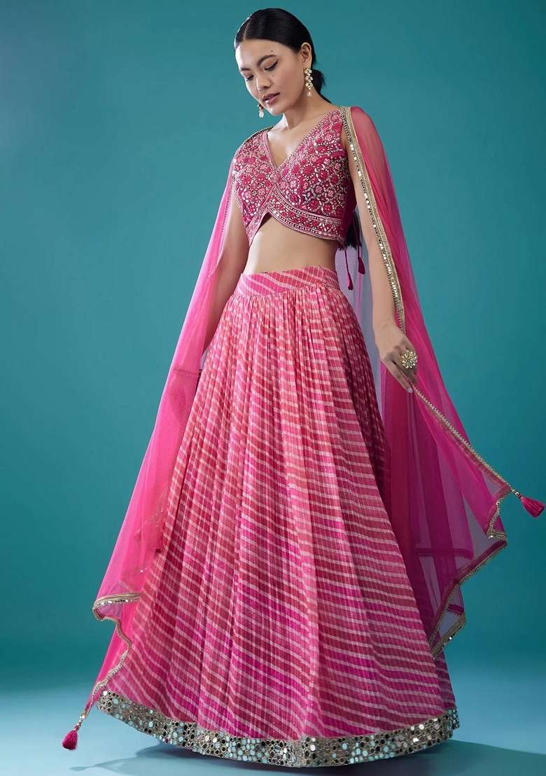 Pink Embroidery Organza Lehenga Set for Diwali and Festive Wear - Indya