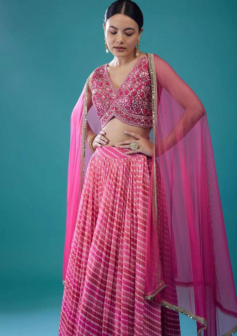Pink Embroidery Organza Lehenga Set for Diwali and Festive Wear - Indya