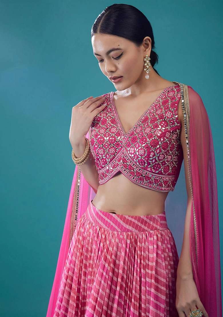 Pink Embroidery Organza Lehenga Set for Diwali and Festive Wear - Indya