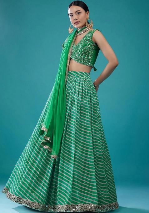 Green Embroidery Organza Lehenga Set — view on Indya