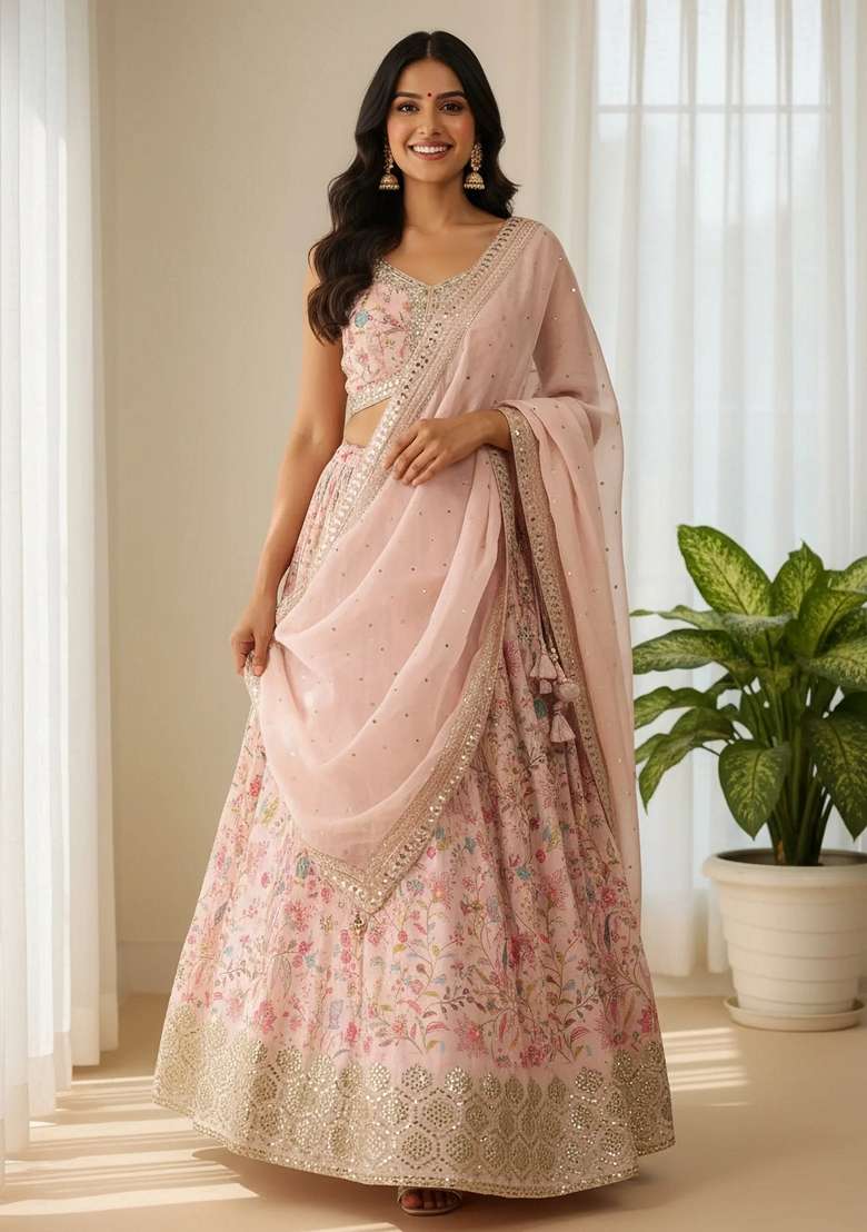 Peach Organza Lehenga Set with Embroidery for Diwali | Wedding & Festive Wear - Indya