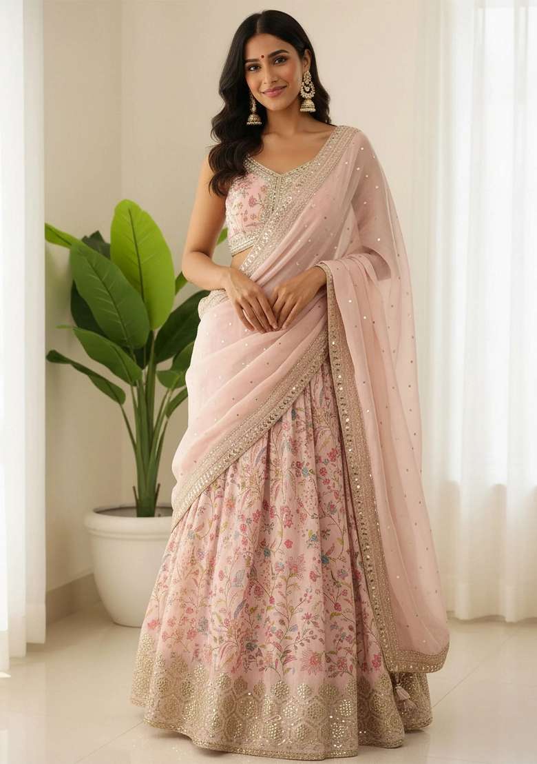 Peach Organza Lehenga Set with Embroidery for Diwali | Wedding & Festive Wear - Indya