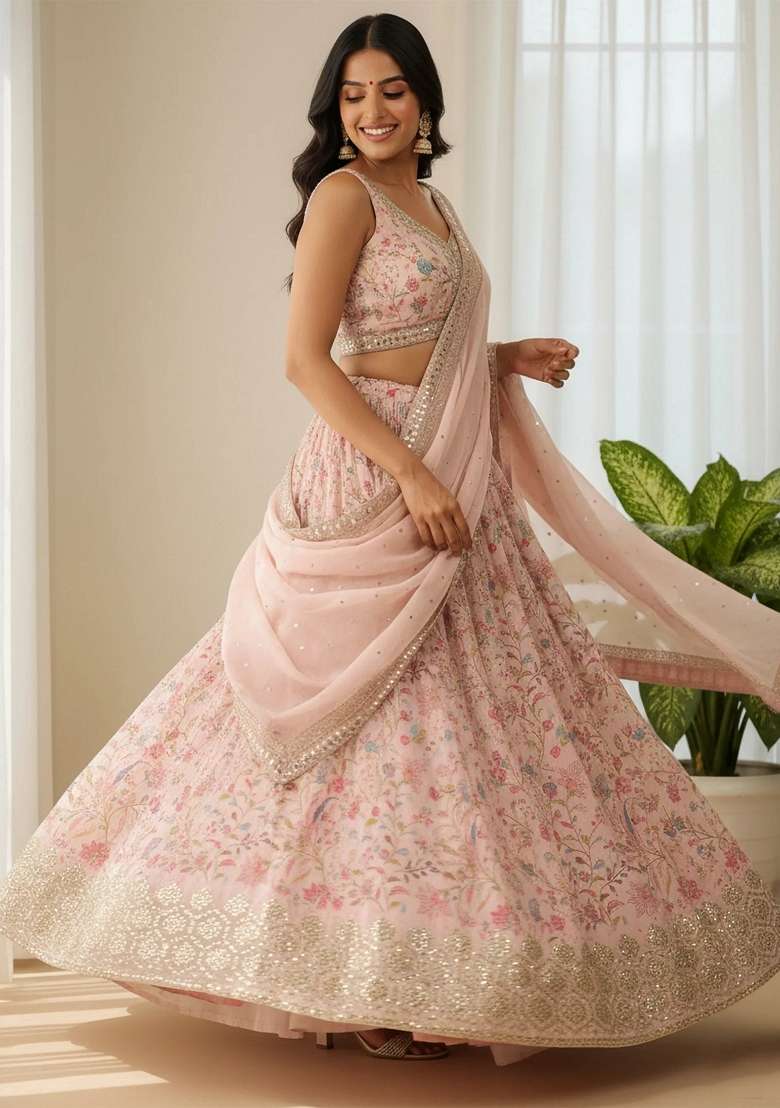 Peach Organza Lehenga Set with Embroidery for Diwali | Wedding & Festive Wear - Indya