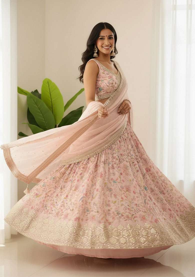 Peach Organza Lehenga Set with Embroidery for Diwali | Wedding & Festive Wear - Indya