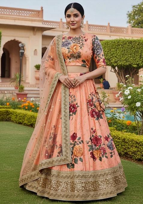 Peach Floral Print Silk Lehenga Set