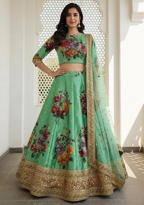 Green Sequins Silk Blend Lehenga Set