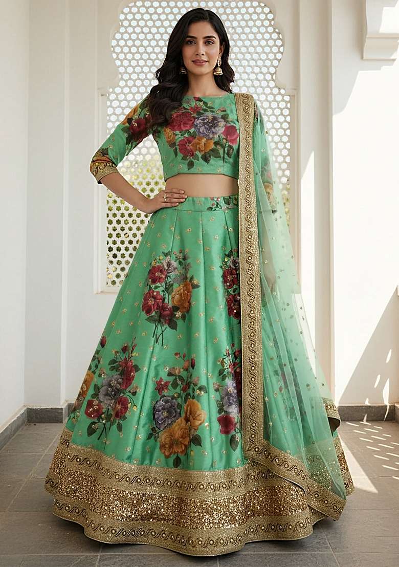 Green Sequins Silk Blend Lehenga Set for Diwali and Festive Wear - Indya