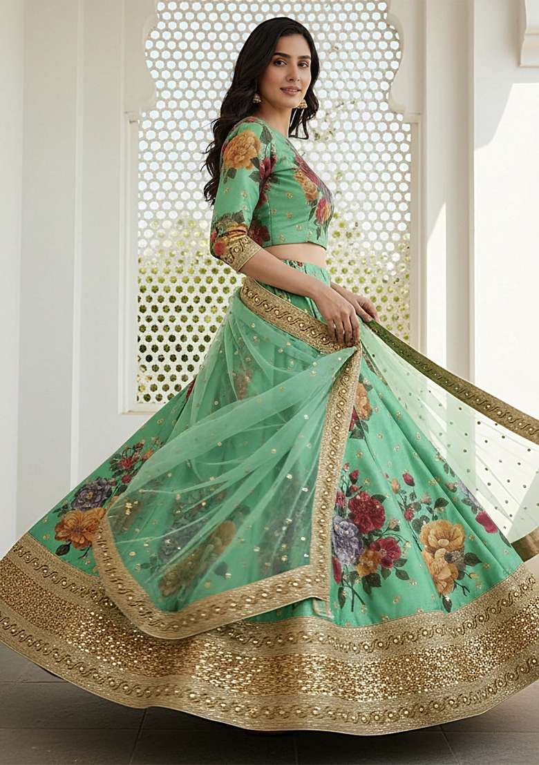 Green Sequins Silk Blend Lehenga Set for Diwali and Festive Wear - Indya