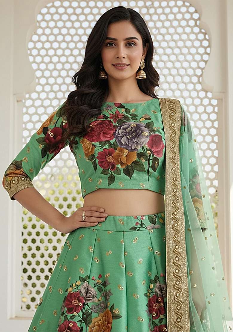 Green Sequins Silk Blend Lehenga Set for Diwali and Festive Wear - Indya