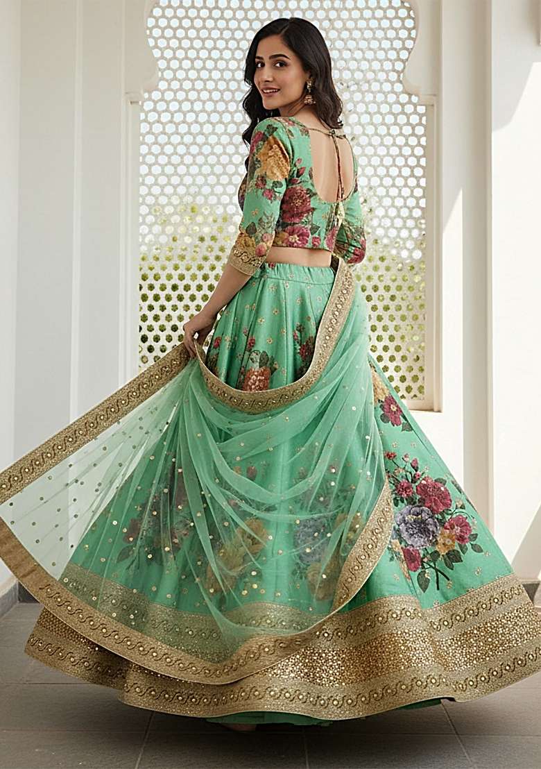Green Sequins Silk Blend Lehenga Set for Diwali and Festive Wear - Indya