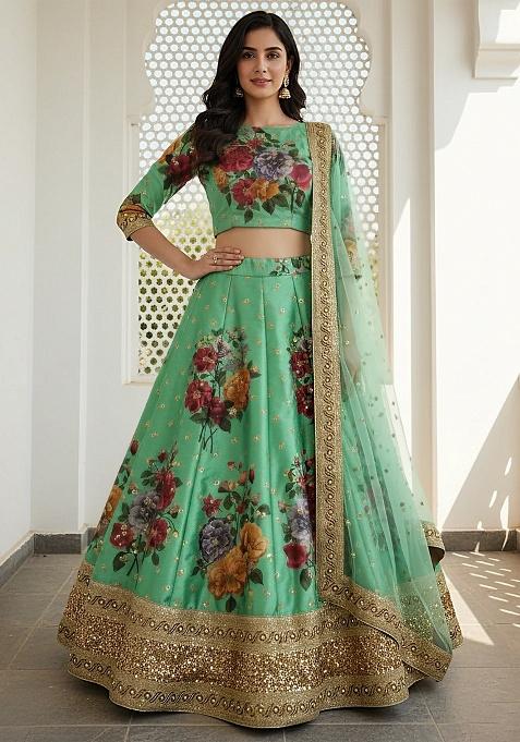 Green Sequins Silk Lehenga Set — view on Indya