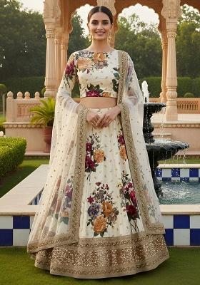Cream Embroidery Silk Blend Lehenga Set
