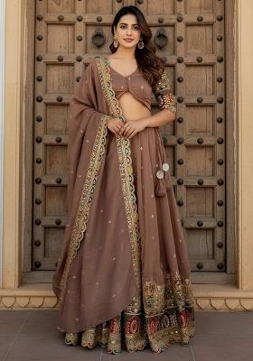 Beige Embroidery Silk Lehenga Set