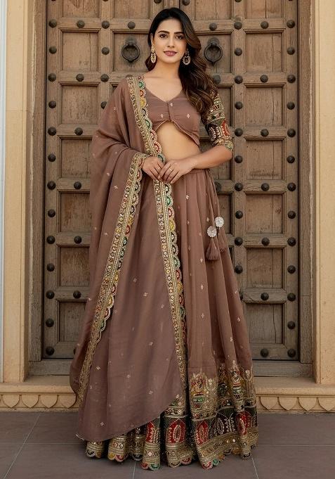 Beige Embroidery Silk Lehenga Set