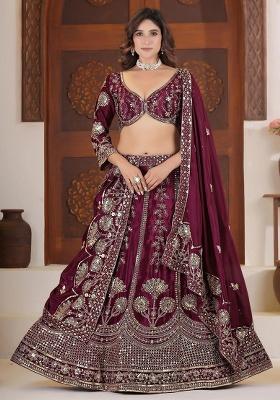 Purple Embroidery Chinon Lehenga Set