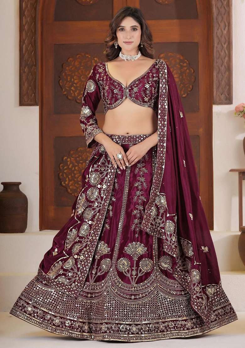 Purple Chinon Lehenga Set with Embroidery for Diwali | Wedding & Festive Wear - Indya