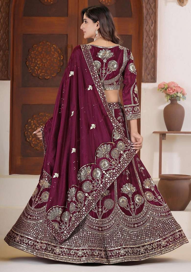 Purple Chinon Lehenga Set with Embroidery for Diwali | Wedding & Festive Wear - Indya