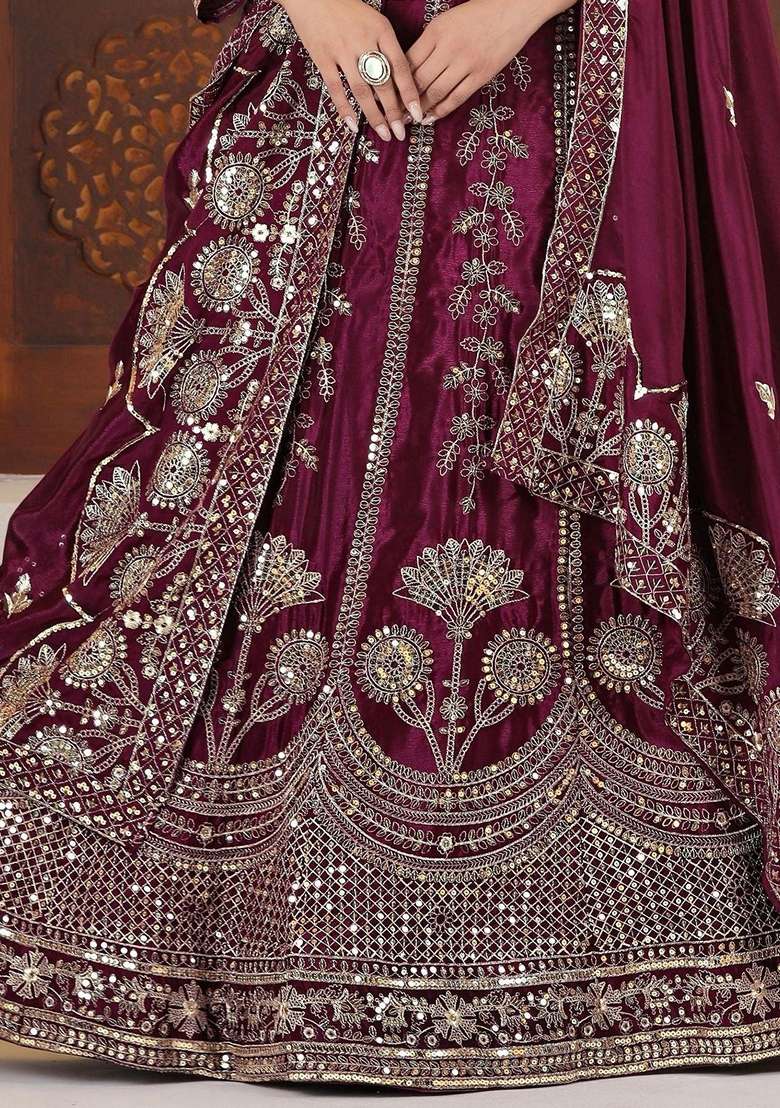 Purple Chinon Lehenga Set with Embroidery for Diwali | Wedding & Festive Wear - Indya