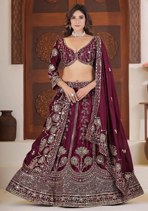 Purple Embroidery Chinon Lehenga Set — view on Indya